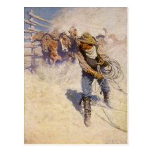 In the Corral by NC Wyeth, Vintage Western Cowboys Postcards