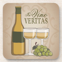 In Vino Veritas White Wine Bottle Glasses & Grapes Coasters