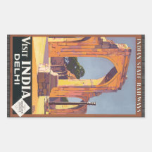 Indian State Railways Visit India Delhi, Vintage Rectangle Stickers