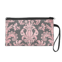 inricate vintage pink damask on deep grey wristlet purses