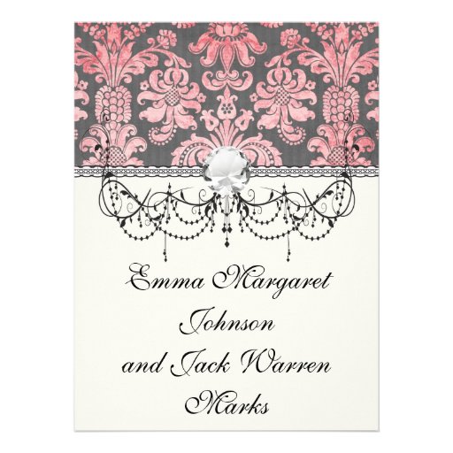 inricate vintage pink damask on deep grey personalized announcements
