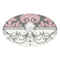 inricate vintage pink damask on deep grey oval sticker