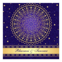Intricate Blue, Gold Scrolls Stars Wedding Invite