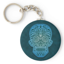 Intricate Blue Sugar Skull Keychains