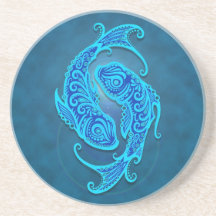 Intricate Blue Tribal Pisces Drink Coasters