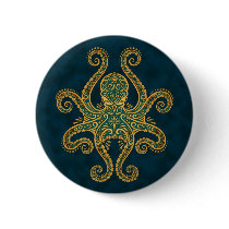 Intricate Golden Blue Octopus Button