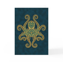 Intricate Golden Blue Octopus Greeting Cards