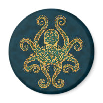 Intricate Golden Blue Octopus Fridge Magnet