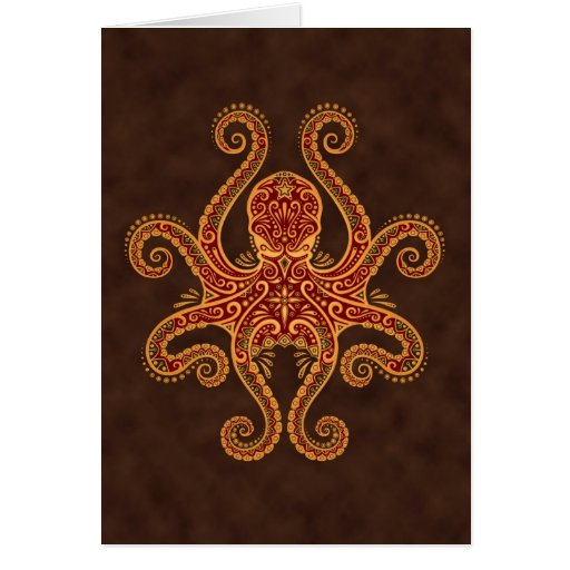 Intricate Golden Red Octopus Greeting Cards