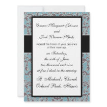 intricate lovely flourish blue and grey damask personalized invitations