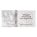 intricate taupe grey cream damask pattern customized photo card