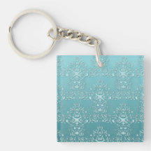 Intricate Teal Floral Damask Square Acrylic Keychain