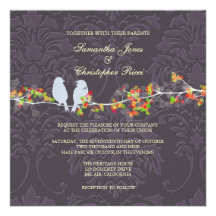 Invitations, love birds colourful blossoms