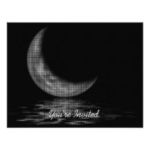 INVITATIONS -Reflection Crescent Moon On Lake B&W