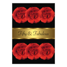 Invite Red Flowers Black Gold Fabulous 50th