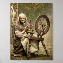 Irish Spinner and Spinning Wheel. Co. Galway, Irel Print
