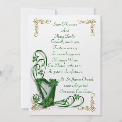 Irish Wedding invitation Harp shamrocks and ribbon by Irisangel