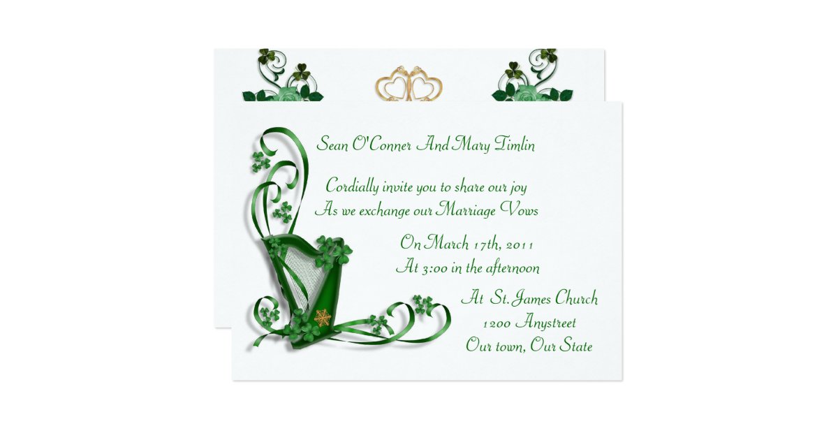 Irish Wedding invitation Harp shamrocks and ribbon Zazzle