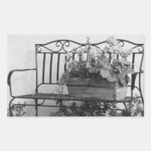 Iron Bench with flowers in black and white Rectangle Sticker