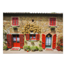 Italy, Lucignano, Red Shutters and Harvest Photographic Print
