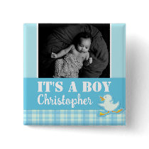 "It's a boy" newborn photo and name blue badge