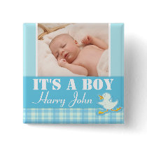 "It's a boy" newborn photo and name blue badge Buttons
