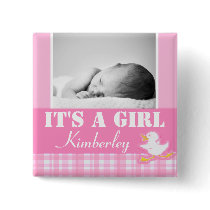 "It's a girl" newborn photo and name pink badge