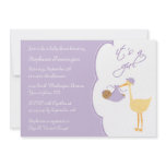 It's a girl purple stork baby shower invitation
