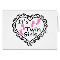 Its Twin Girls Pink Footprints Hearts Card