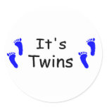 Its Twins Baby Boy Blue Footprints Round Stickers