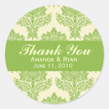 Ivory & Chartreuse Damask Round Wedding Labels Sticker