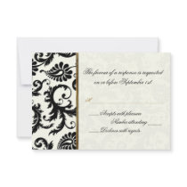 Ivory, Gold, and Black Damask Reply Card on Linen