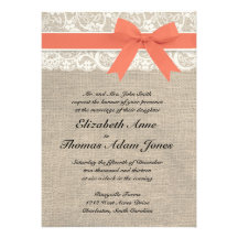Ivory Lace Rustic Burlap Wedding Invitation- Coral