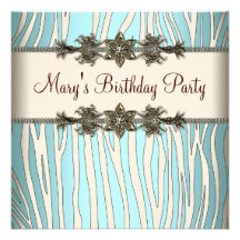 Ivory Teal Blue Zebra Womans Birthday Party Custom Announcement