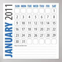 January Calendar 2011 in blue Posters