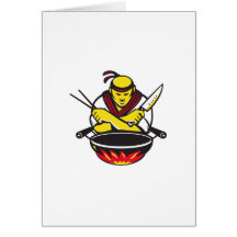 japanese cook chef with knife wok greeting card