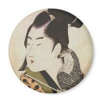 Japanese Falconer in a Kimono Vintage Art Fridge Magnet