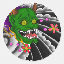 japanese mask tattoo design round sticker