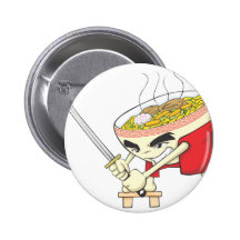 Japanese Noodle Soup Fighter with Samurai Sword Pinback Button