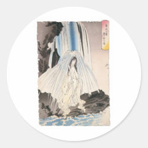 Japanese Woman in Waterfall, Ancient Japanese Art Round Stickers