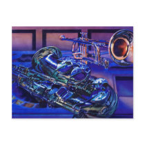 "Jazz In Blues" Musical Instruments Watercolor Postcards
