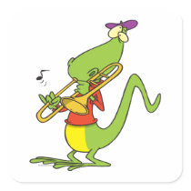 jazzy trombone playing lizard cartoon square stickers