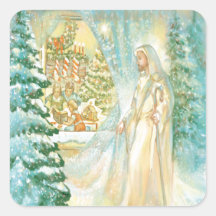 Jesus at Christmas Looking Through Veil of Snow Square Stickers