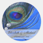Jewel Peacock Feather Blue Wedding Favour Label Round Stickers