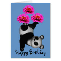 Juggling Panda Bear Zinnia Flower Birthday Card