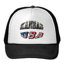 Kansas Picture and USA Flag Font Mesh Hats