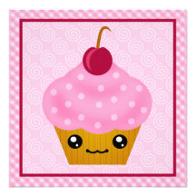 Kawaii Cupcake Cherry Birthday Party Invitations