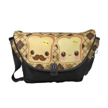 Kawaii cute toasts couple on brown & beige argyle messenger bags