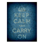 Keep Calm and Carry On Blue Grunge Digital Art Post Card