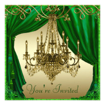 Kellyy Green Gold Chandelier Party Invitations